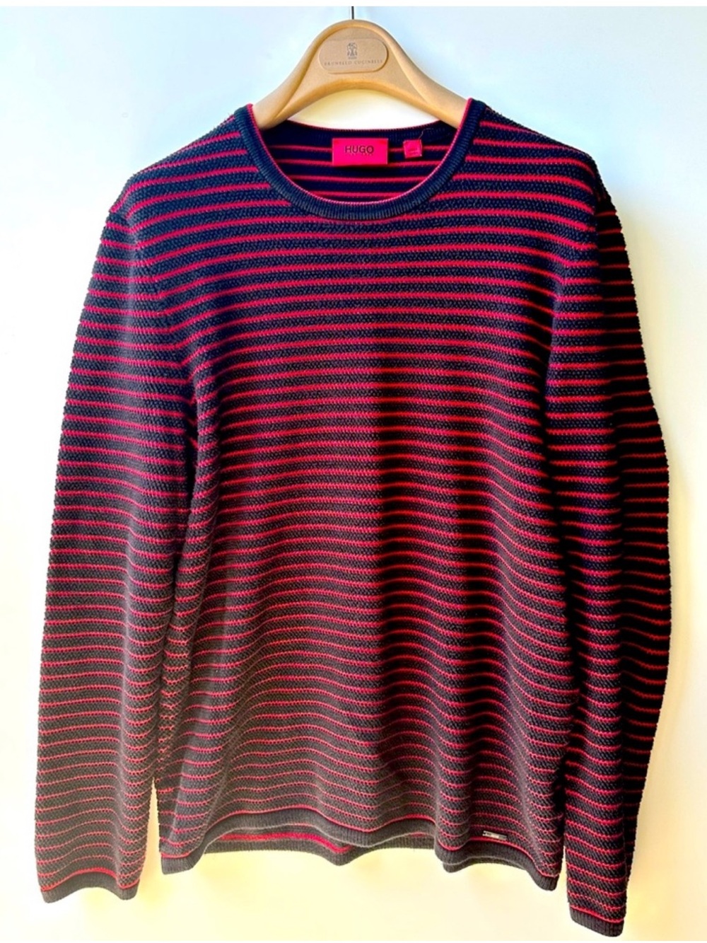 HUGO Hugo Boss Red & Black striped textured cotton sweater, size S